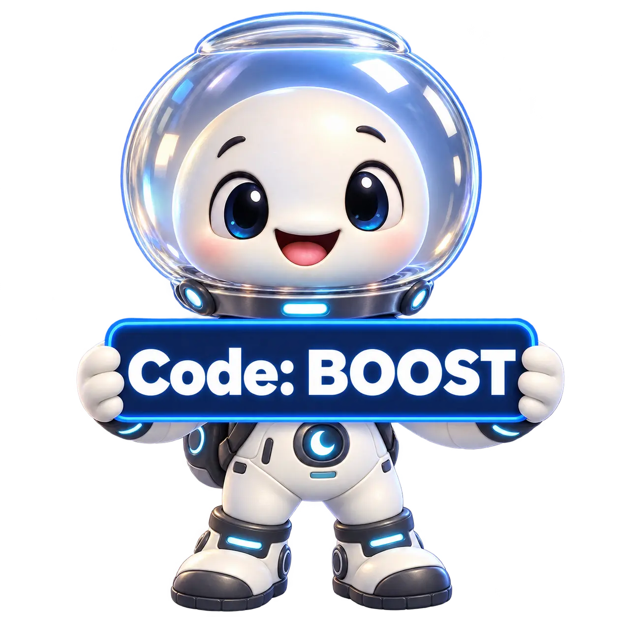Moonboost mascot holding a sign reading Code: BOOST
